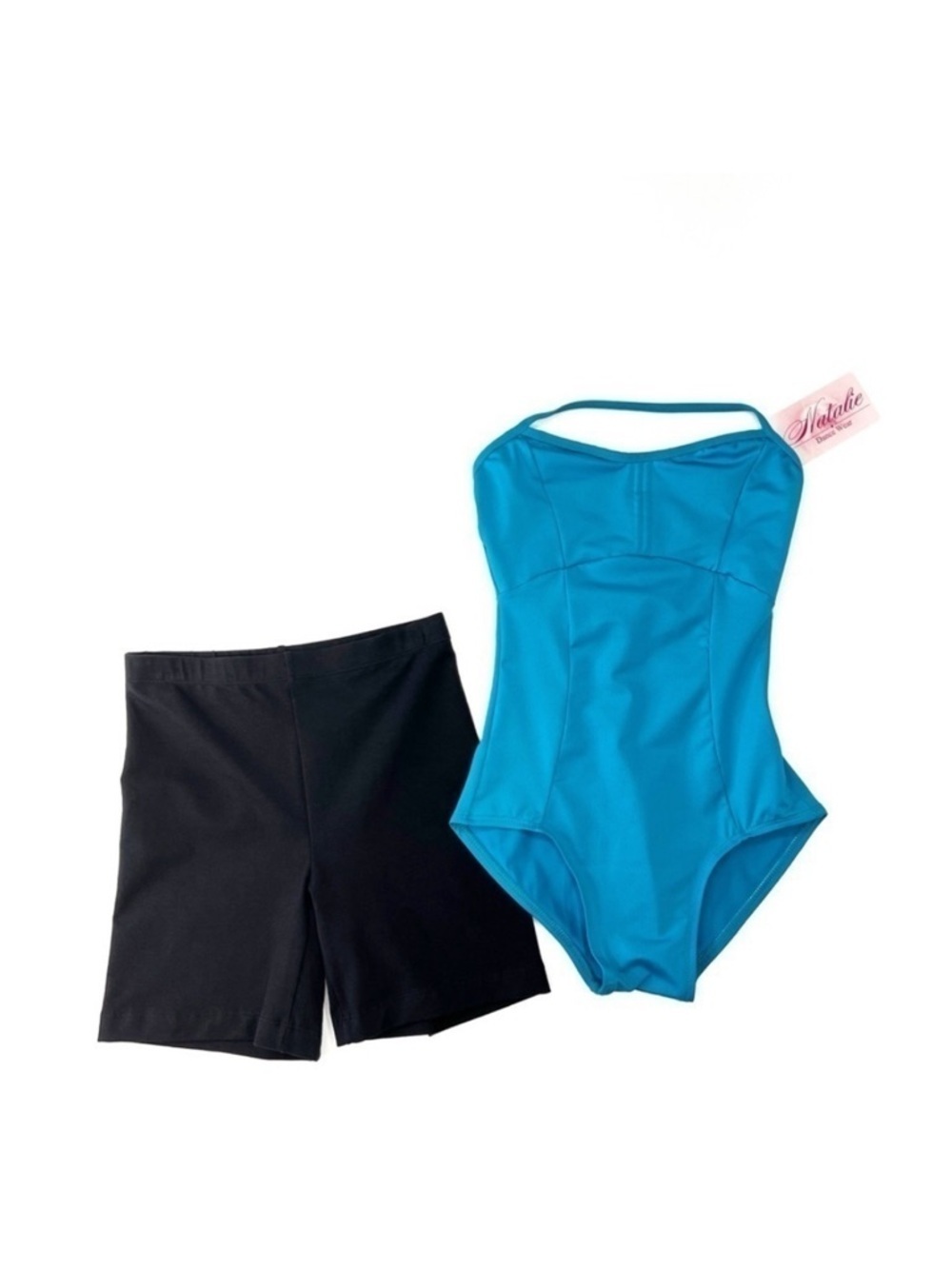 Natalie Dance Wear Halter Leotard Blue Petite + Sansha Shorts Black XS New NWT